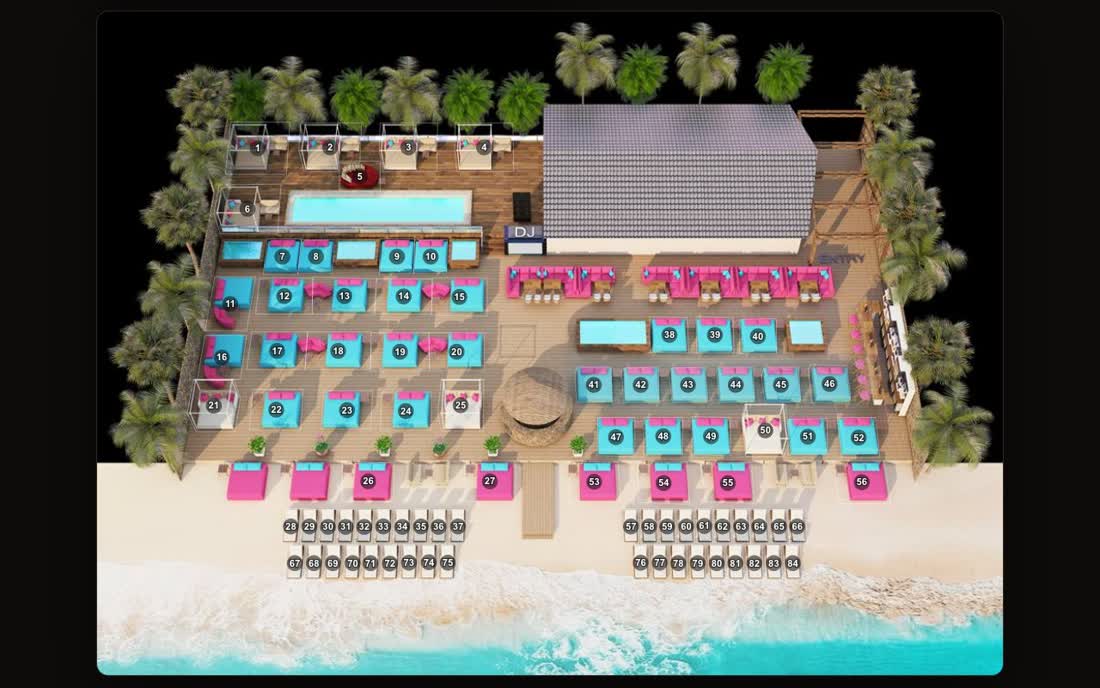 Beach club bed map, 84 numbered beds