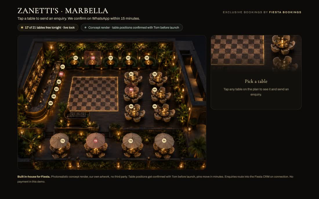Supper club floor plan, tap a table to enquire